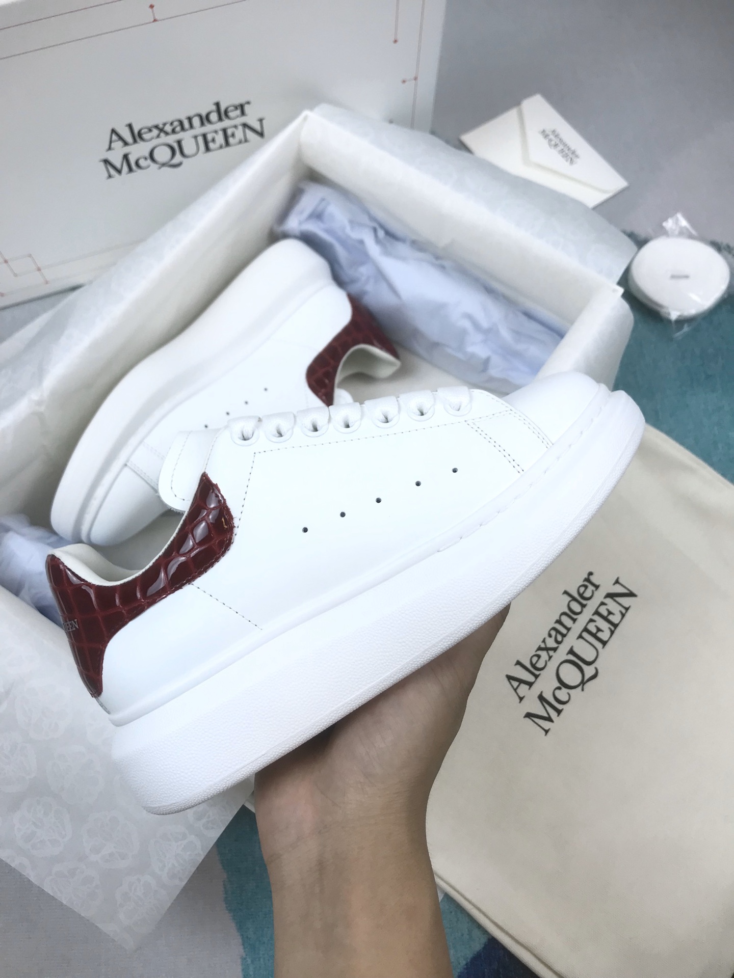 Top Quality
 Alexander McQueen Skateboard Shoes Burgundy Red White Yellow Cowhide