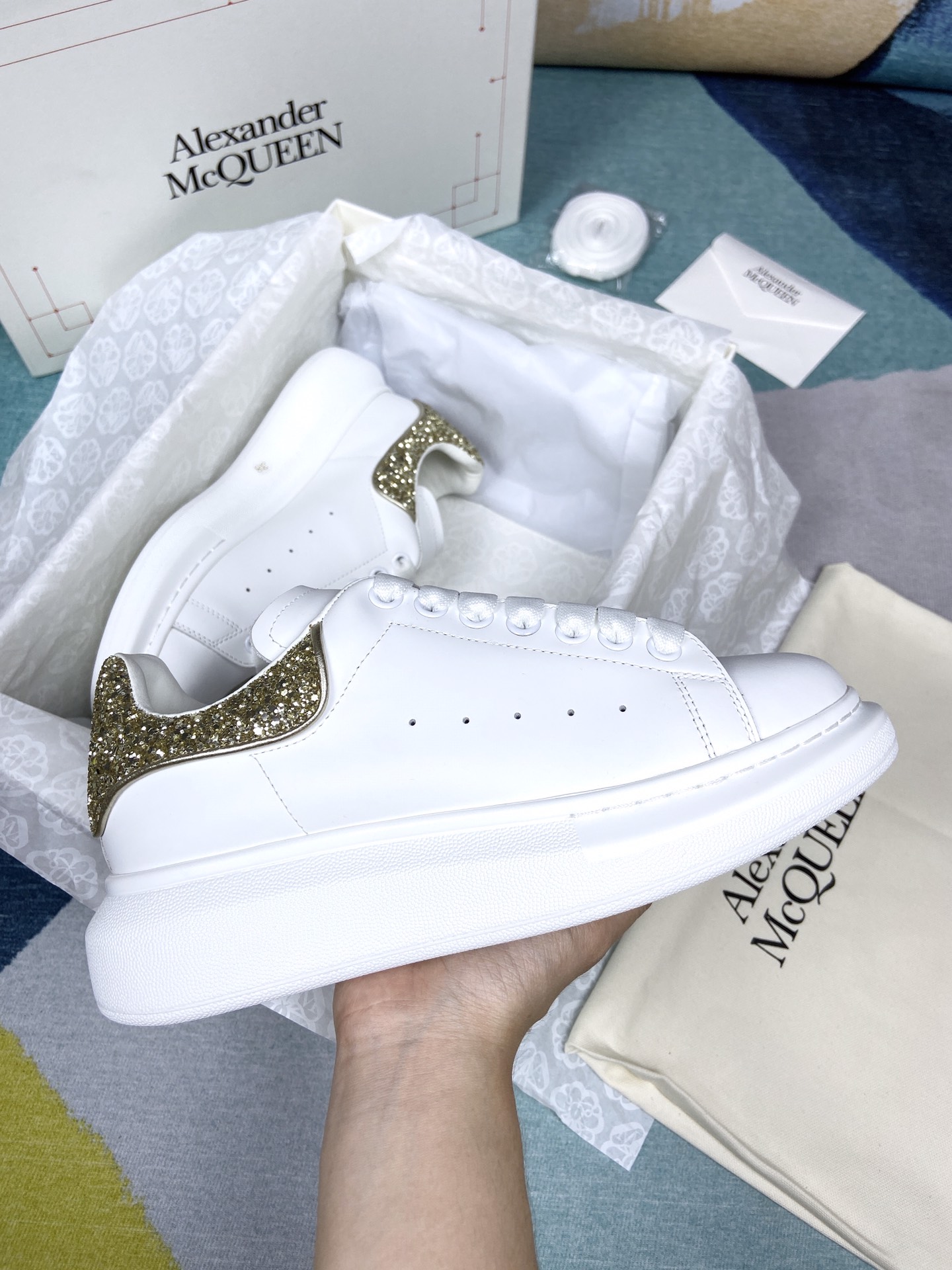 Alexander McQueen Skateboard Shoes Gold White Yellow Cowhide