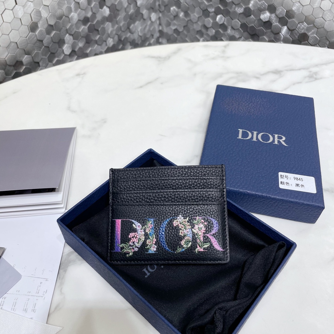 Dior Wallet Card pack Black Embroidery Cowhide