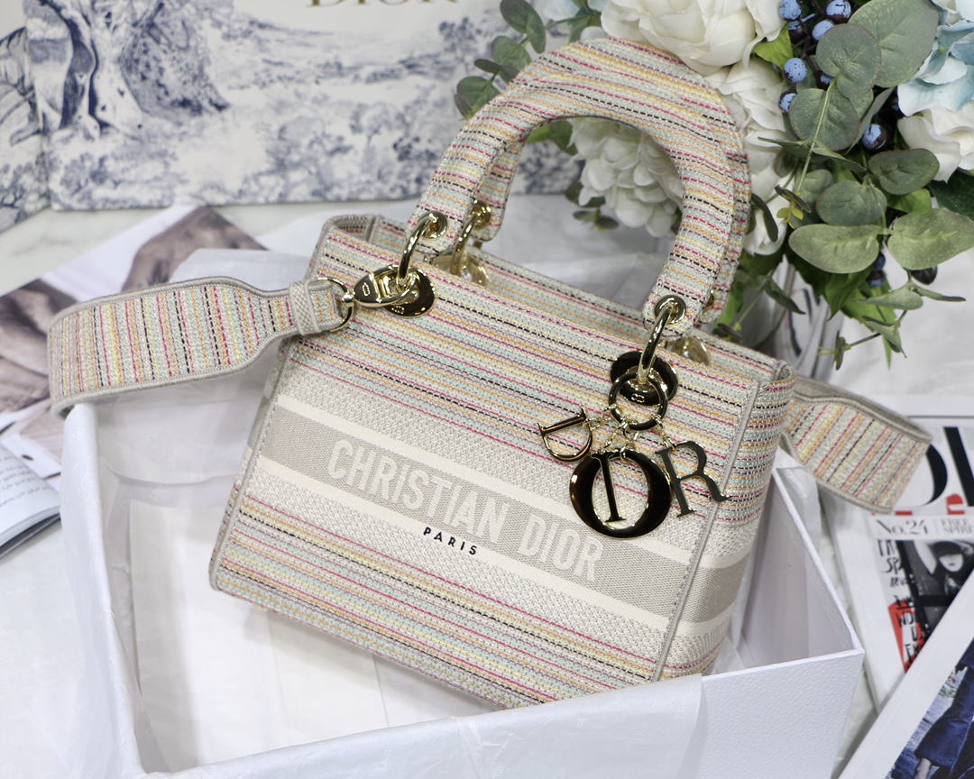 Dior Lady D вышивка цветные полосы тканевая сумка