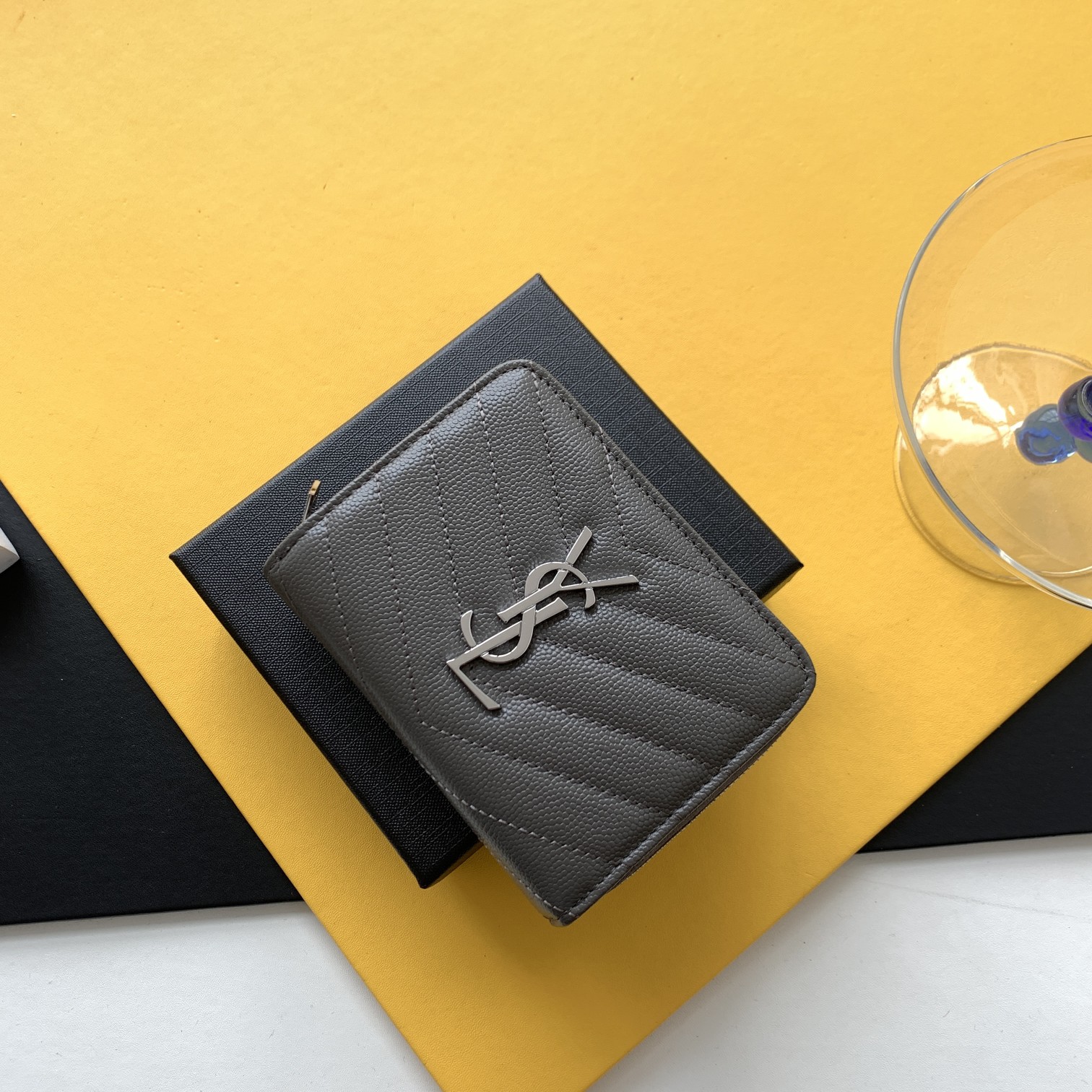 YSL Short Round Zip Wallet Grainy Textured Leather Metal Logo