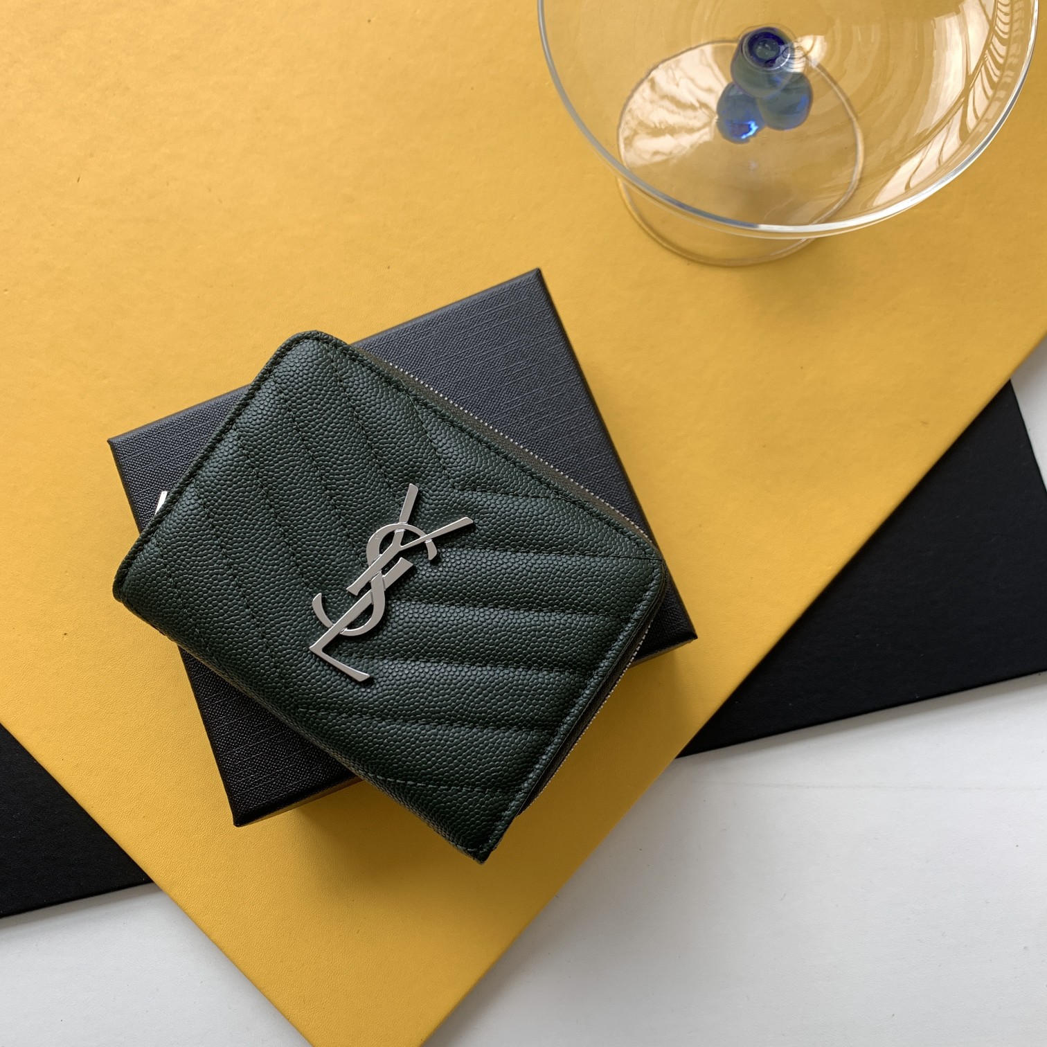 YSL Compact Round Zip Wallet Black Grained Leather Gold-Tone Metal Logo
