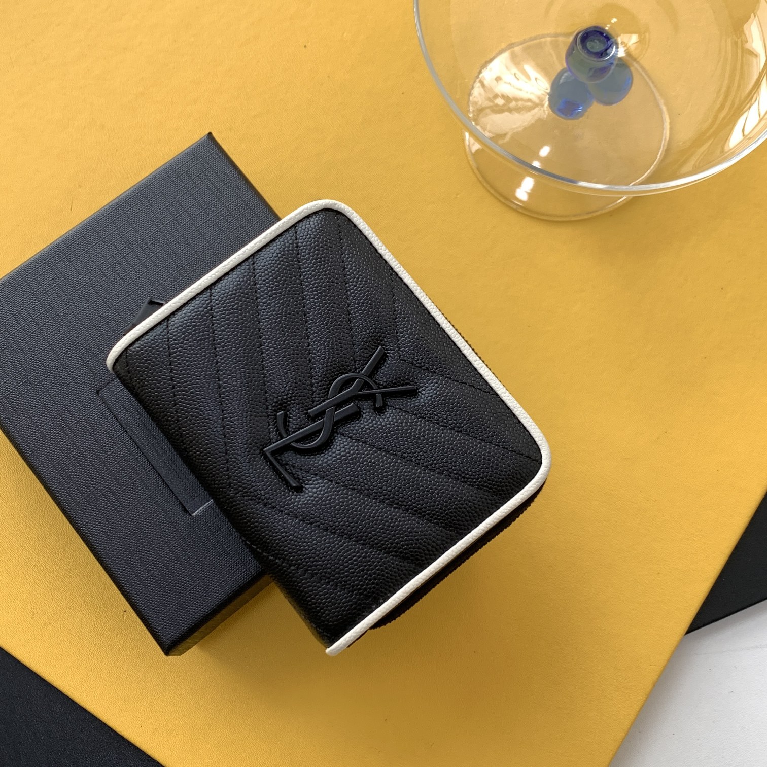 Black grained textured leather short round zip wallet gold YSL logo 6 card slots coin pocket