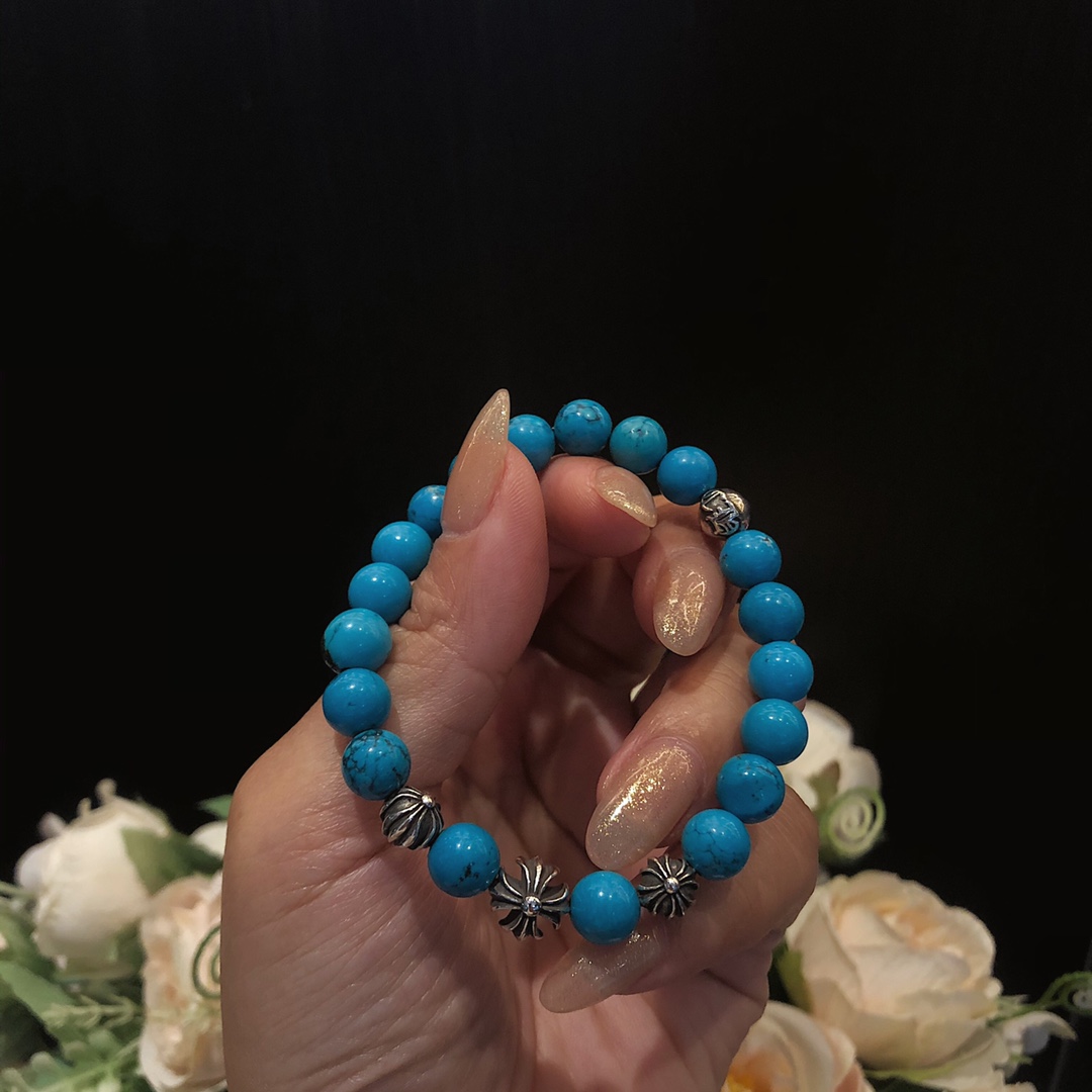 Chrome Hearts 𝐂𝐡𝐫𝐨𝐦𝐞 𝐡𝐞𝐚𝐫𝐭𝐬 克罗心 松石十字架银珠手链