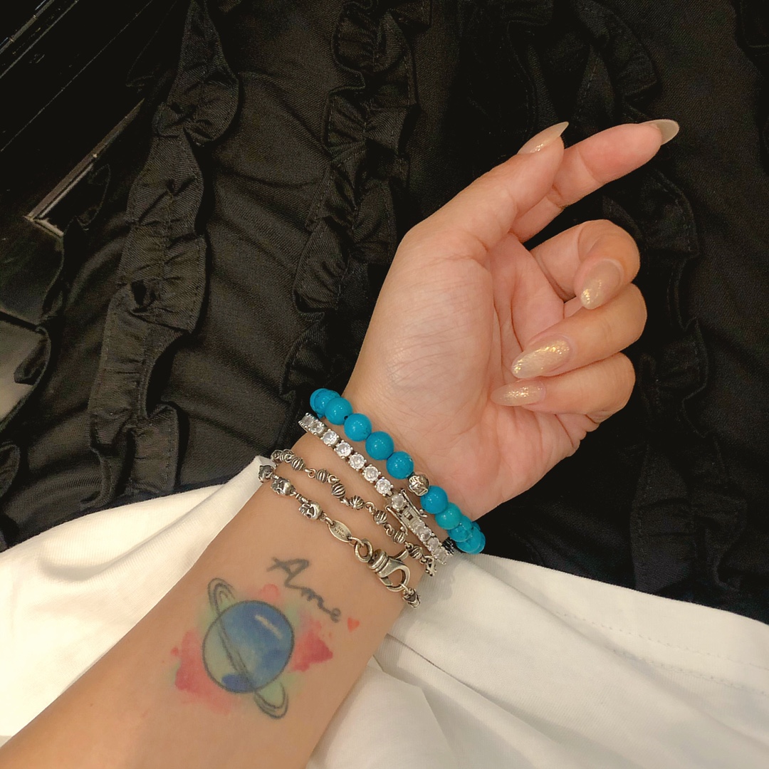 Chrome Hearts 𝐂𝐡𝐫𝐨𝐦𝐞 𝐡𝐞𝐚𝐫𝐭𝐬 克罗心 松石十字架银珠手链