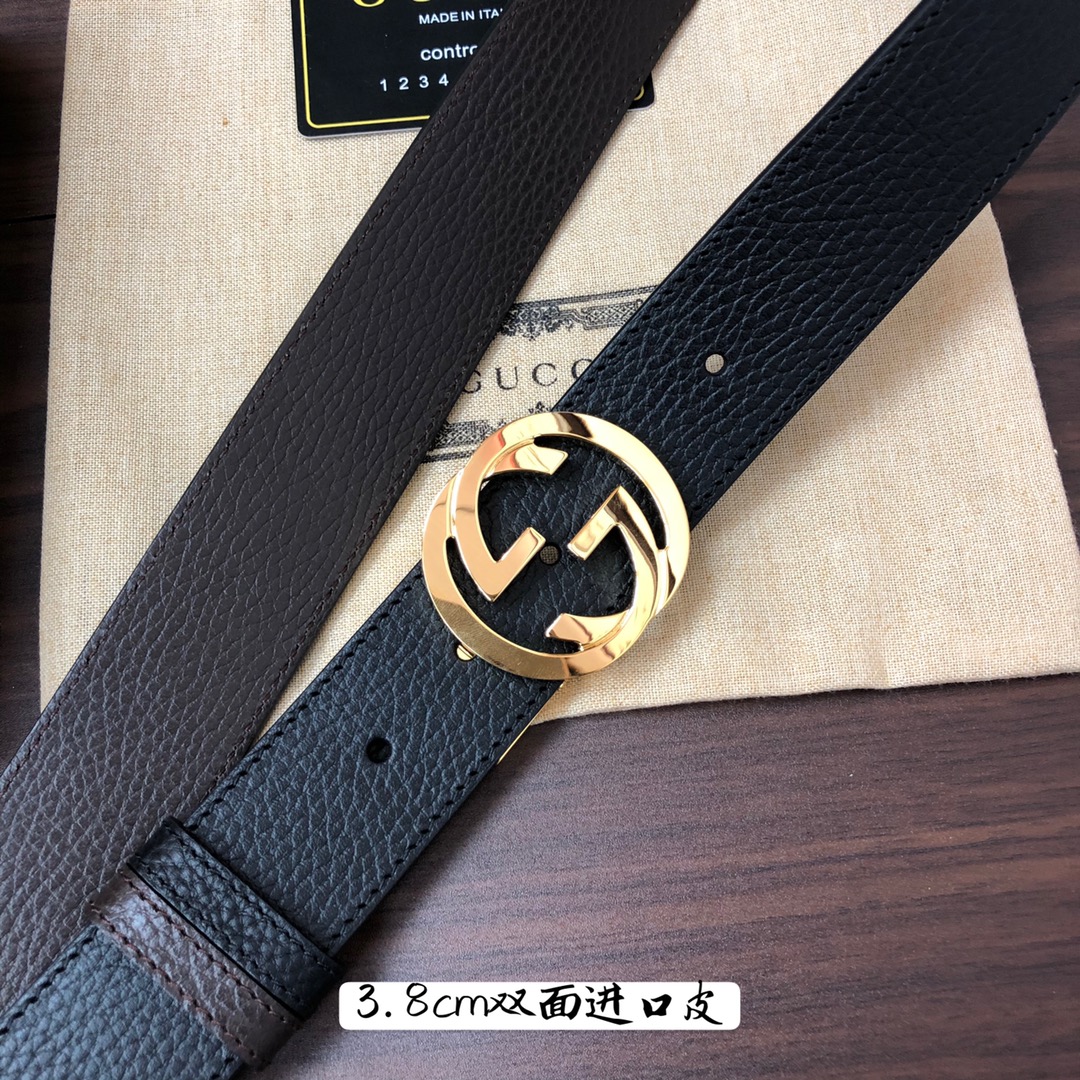 Gucci古奇官网经典正品规格3.8cm原版品质头层小牛皮压花进口头层底双G抛光旋转亮面扣