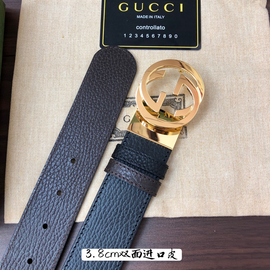 Gucci古奇官网经典正品规格3.8cm原版品质头层小牛皮压花进口头层底双G抛光旋转亮面扣