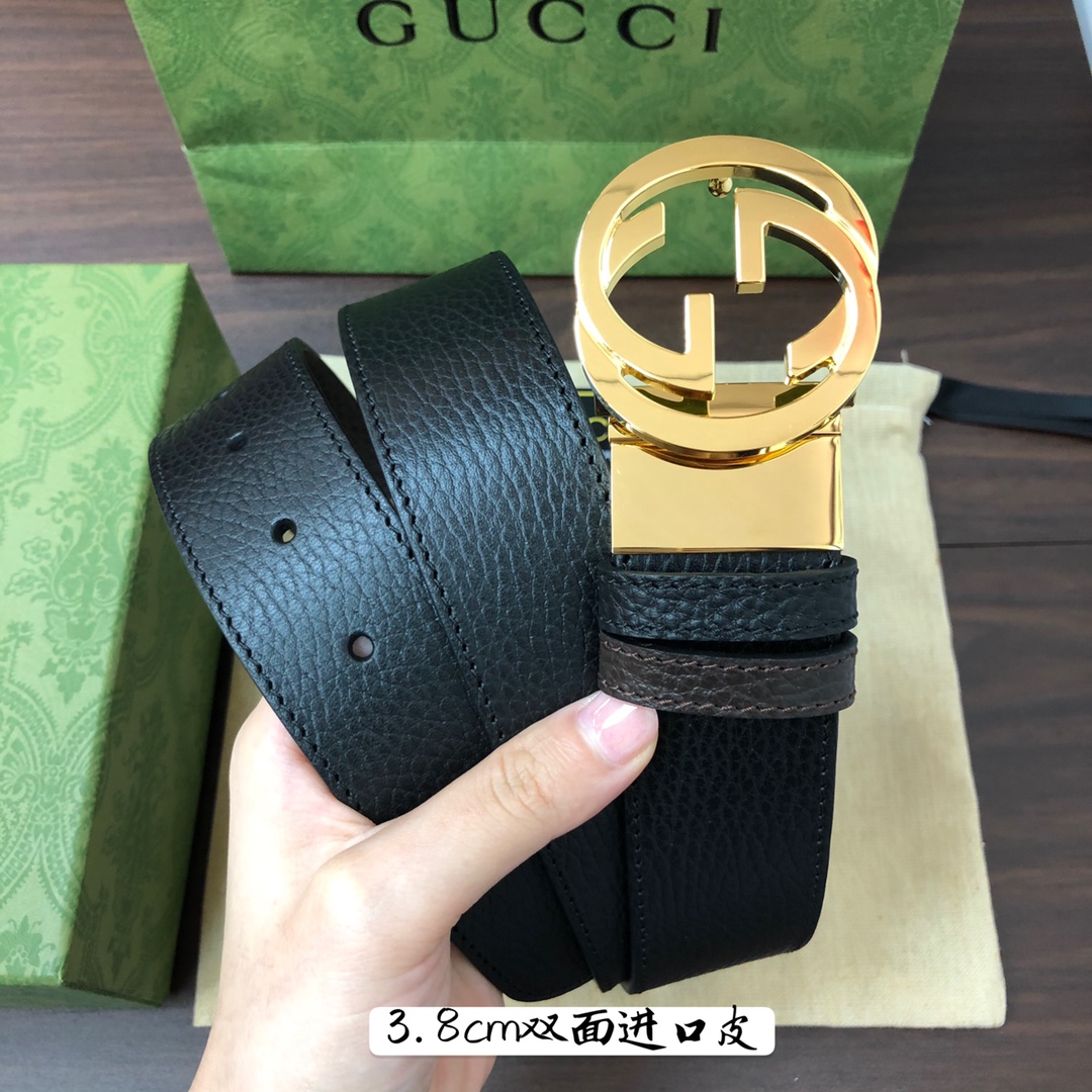 Gucci古奇官网经典正品规格3.8cm原版品质头层小牛皮压花进口头层底双G抛光旋转亮面扣