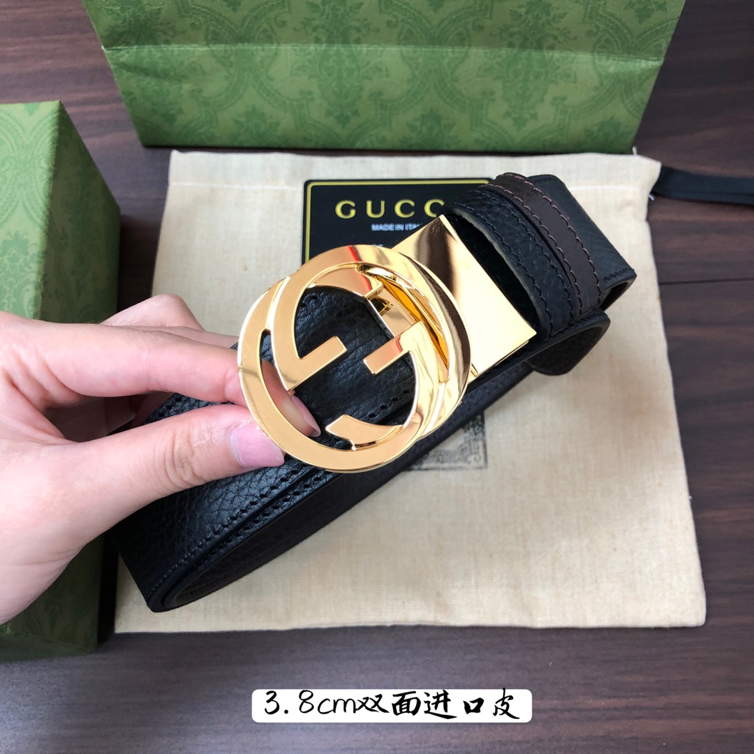 Gucci古奇官网经典正品规格3.8cm原版品质头层小牛皮压花进口头层底双G抛光旋转亮面扣