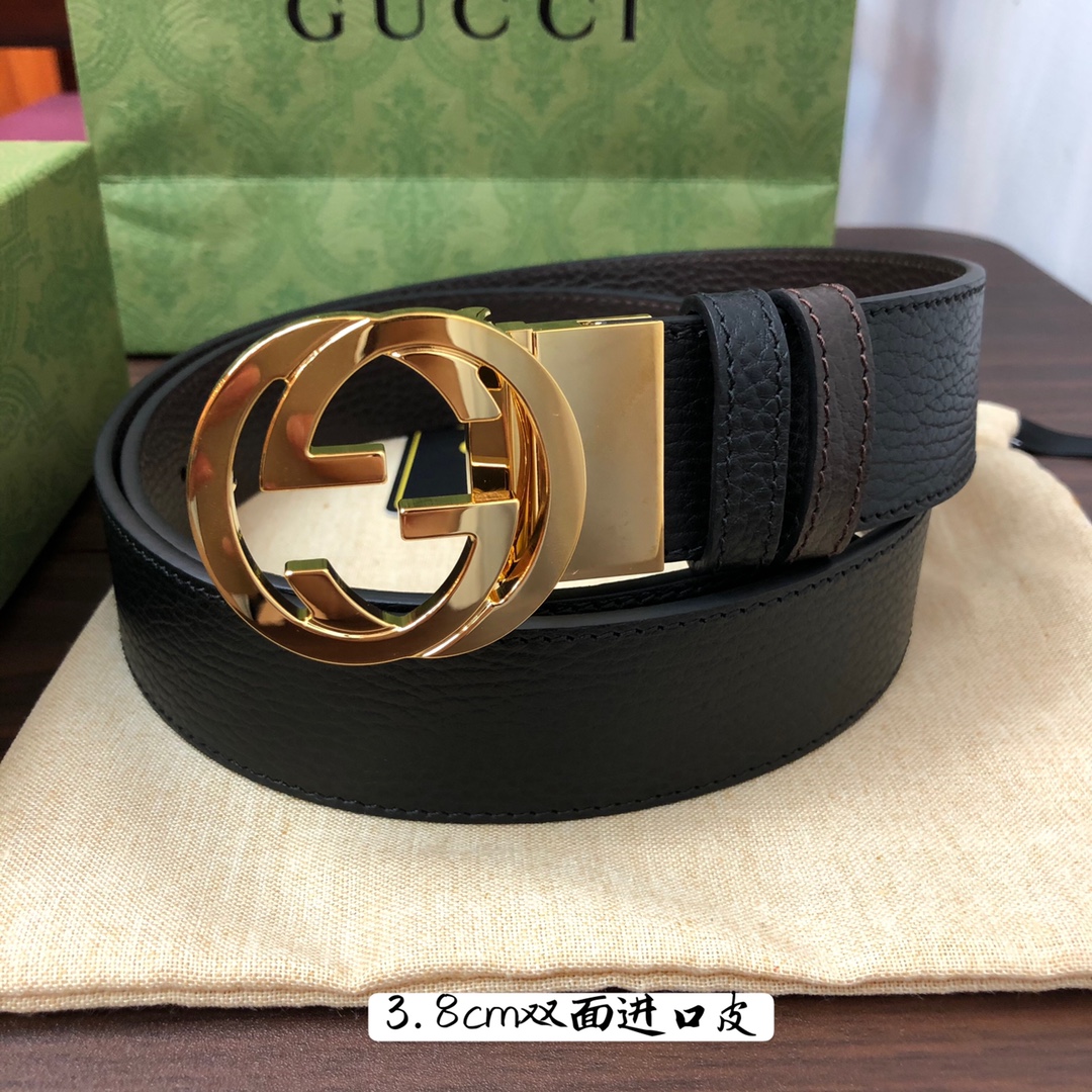 Gucci古奇官网经典正品规格3.8cm原版品质头层小牛皮压花进口头层底双G抛光旋转亮面扣