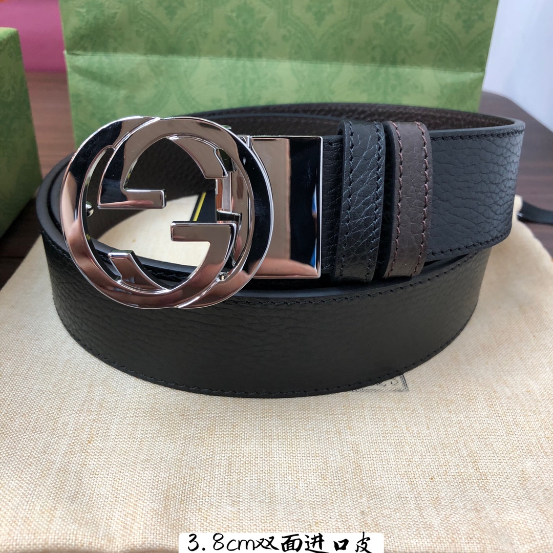 Gucci古奇官网经典正品规格3.8cm原版品质头层小牛皮压花进口头层底双G抛光旋转亮面扣