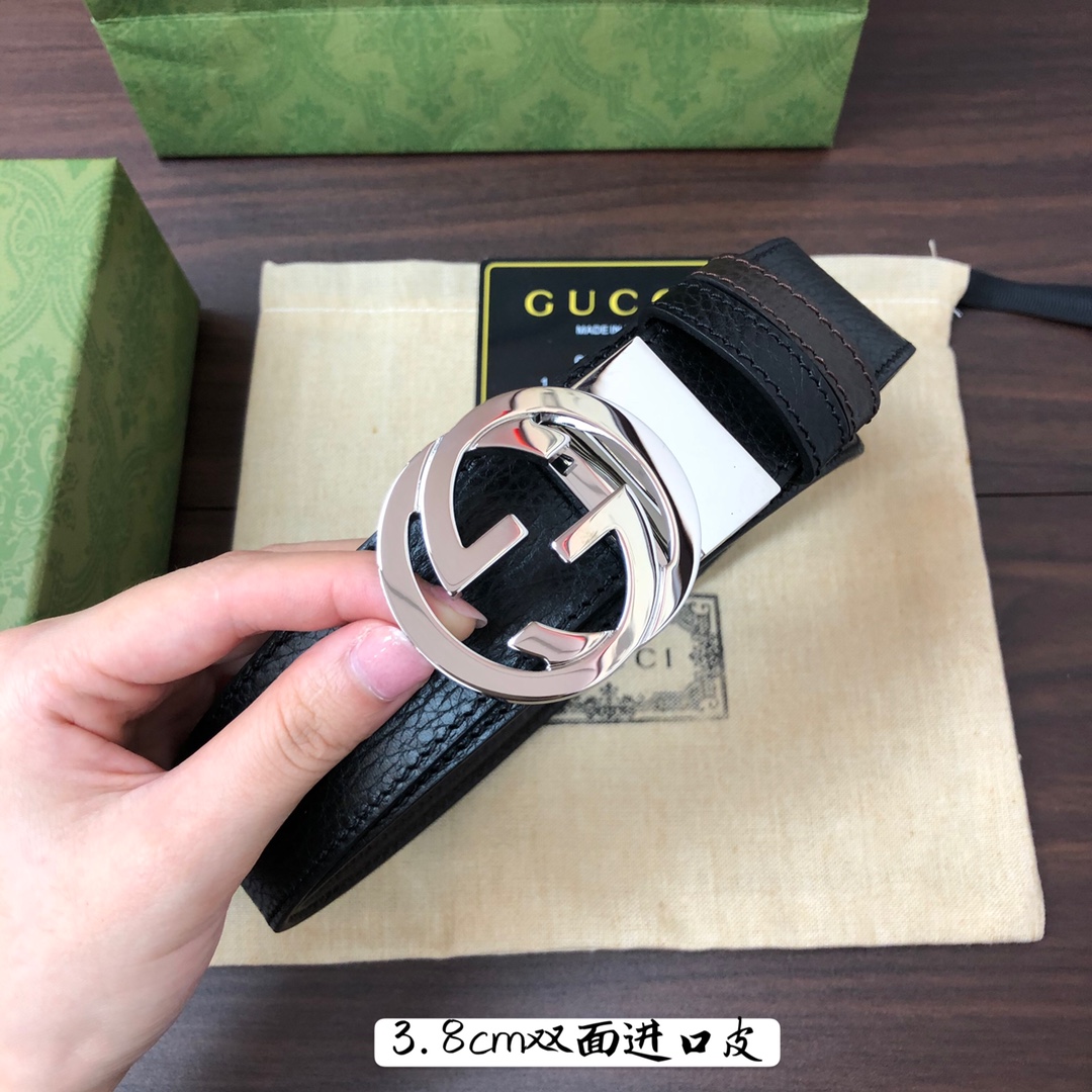 Gucci古奇官网经典正品规格3.8cm原版品质头层小牛皮压花进口头层底双G抛光旋转亮面扣