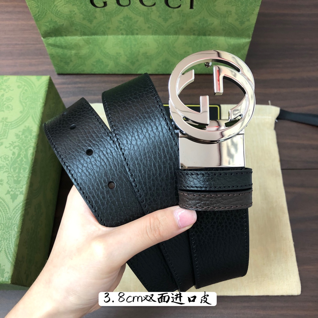 Gucci古奇官网经典正品规格3.8cm原版品质头层小牛皮压花进口头层底双G抛光旋转亮面扣