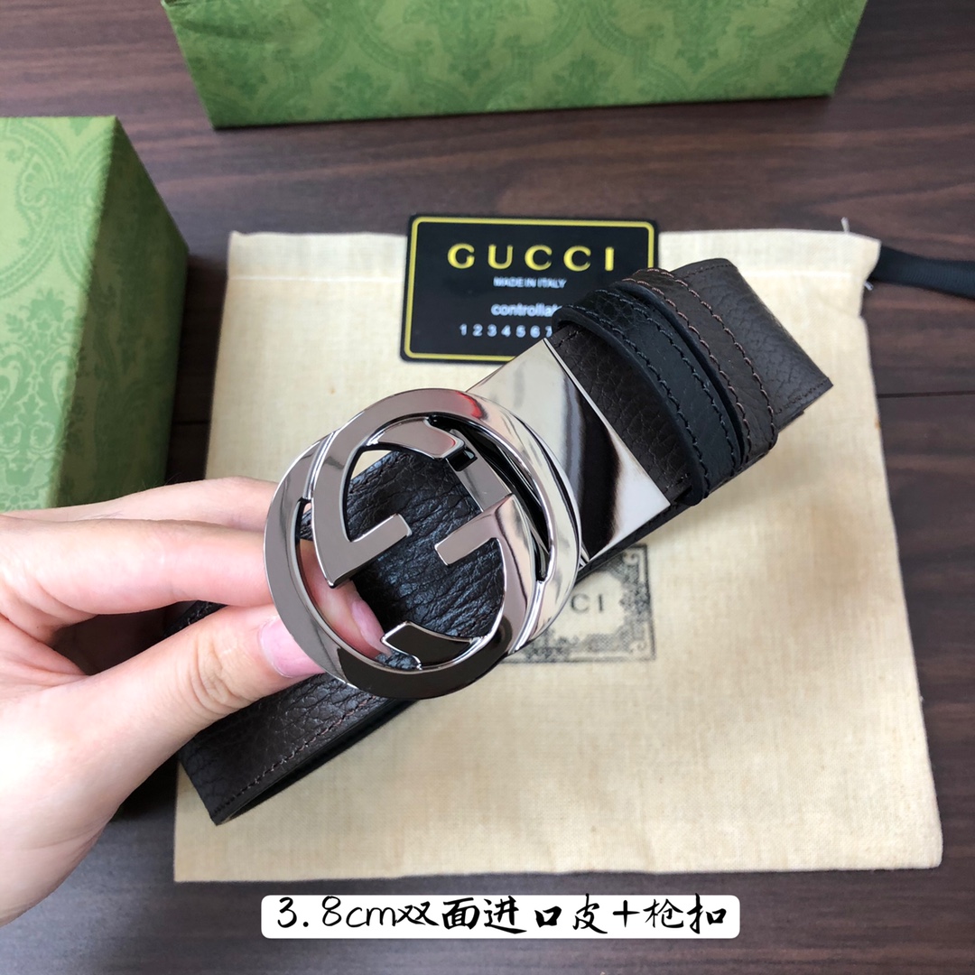 Gucci古奇官网经典正品规格3.8cm原版品质头层小牛皮压花进口头层底双G抛光旋转亮面扣