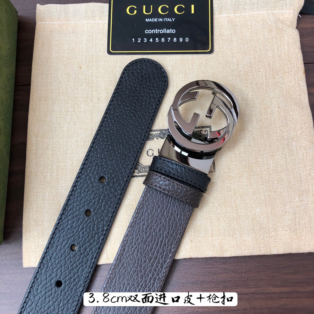 Gucci古奇官网经典正品规格3.8cm原版品质头层小牛皮压花进口头层底双G抛光旋转亮面扣