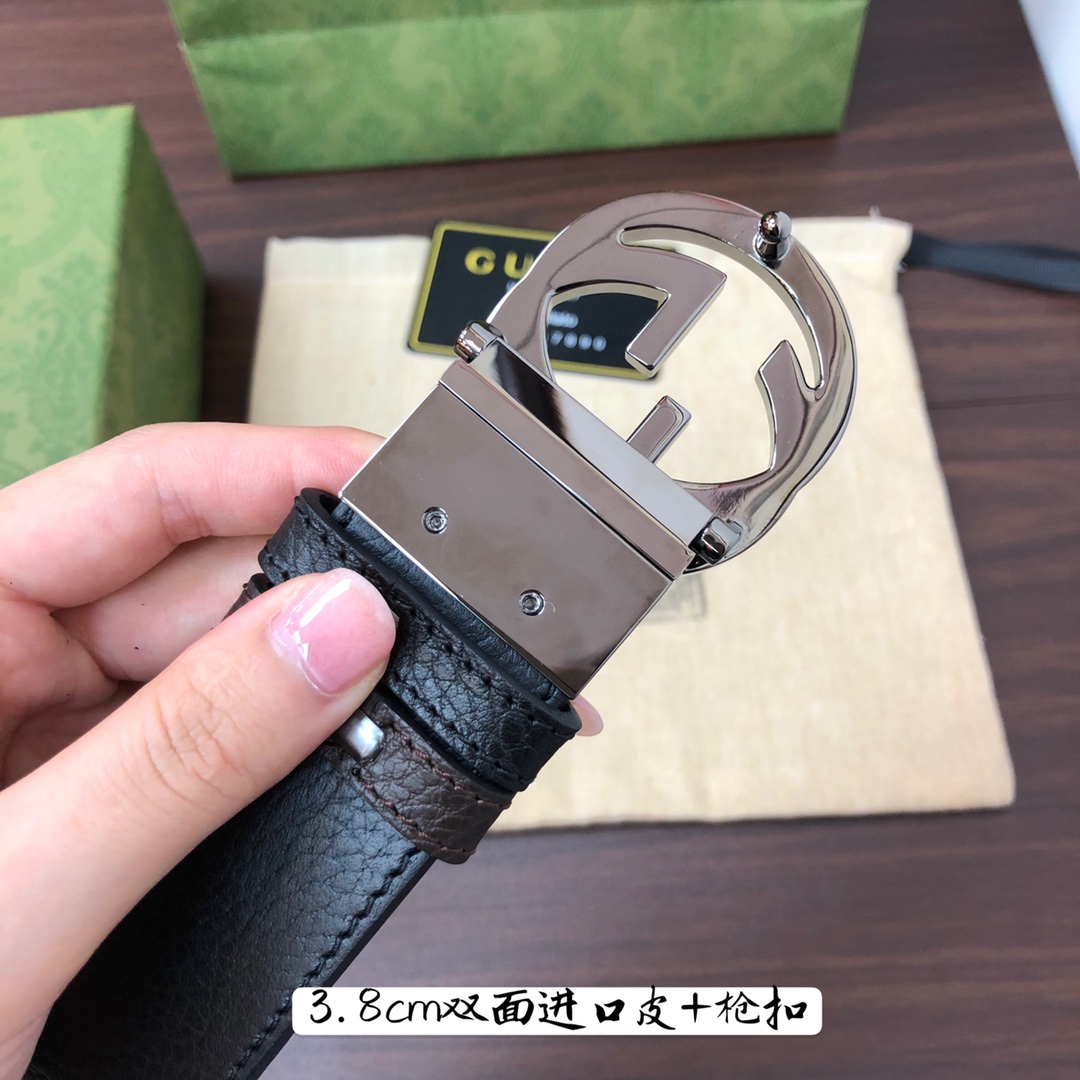 Gucci古奇官网经典正品规格3.8cm原版品质头层小牛皮压花进口头层底双G抛光旋转亮面扣