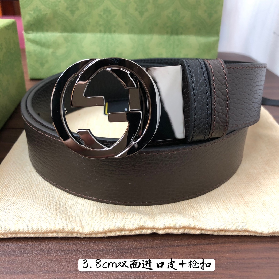 Gucci古奇官网经典正品规格3.8cm原版品质头层小牛皮压花进口头层底双G抛光旋转亮面扣