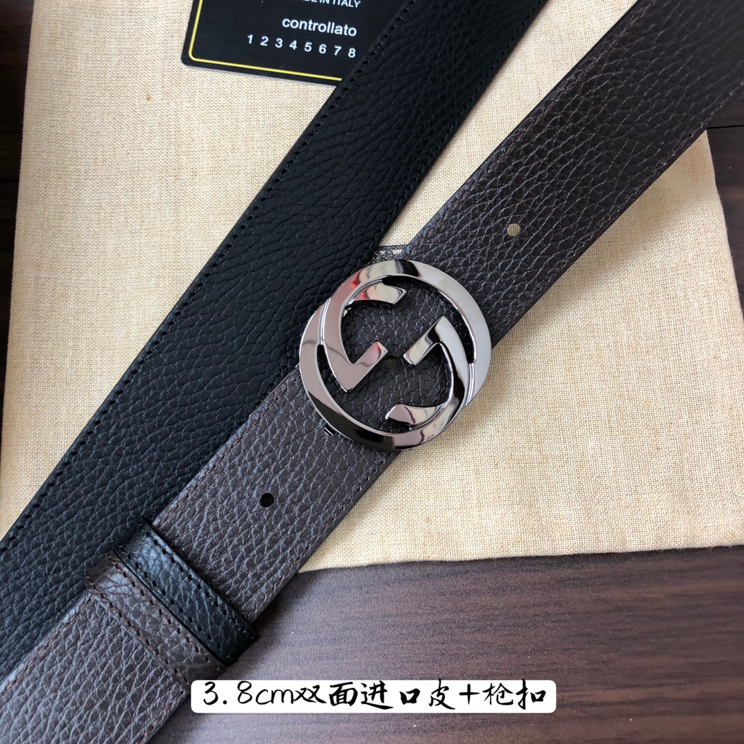 Gucci古奇官网经典正品规格3.8cm原版品质头层小牛皮压花进口头层底双G抛光旋转亮面扣