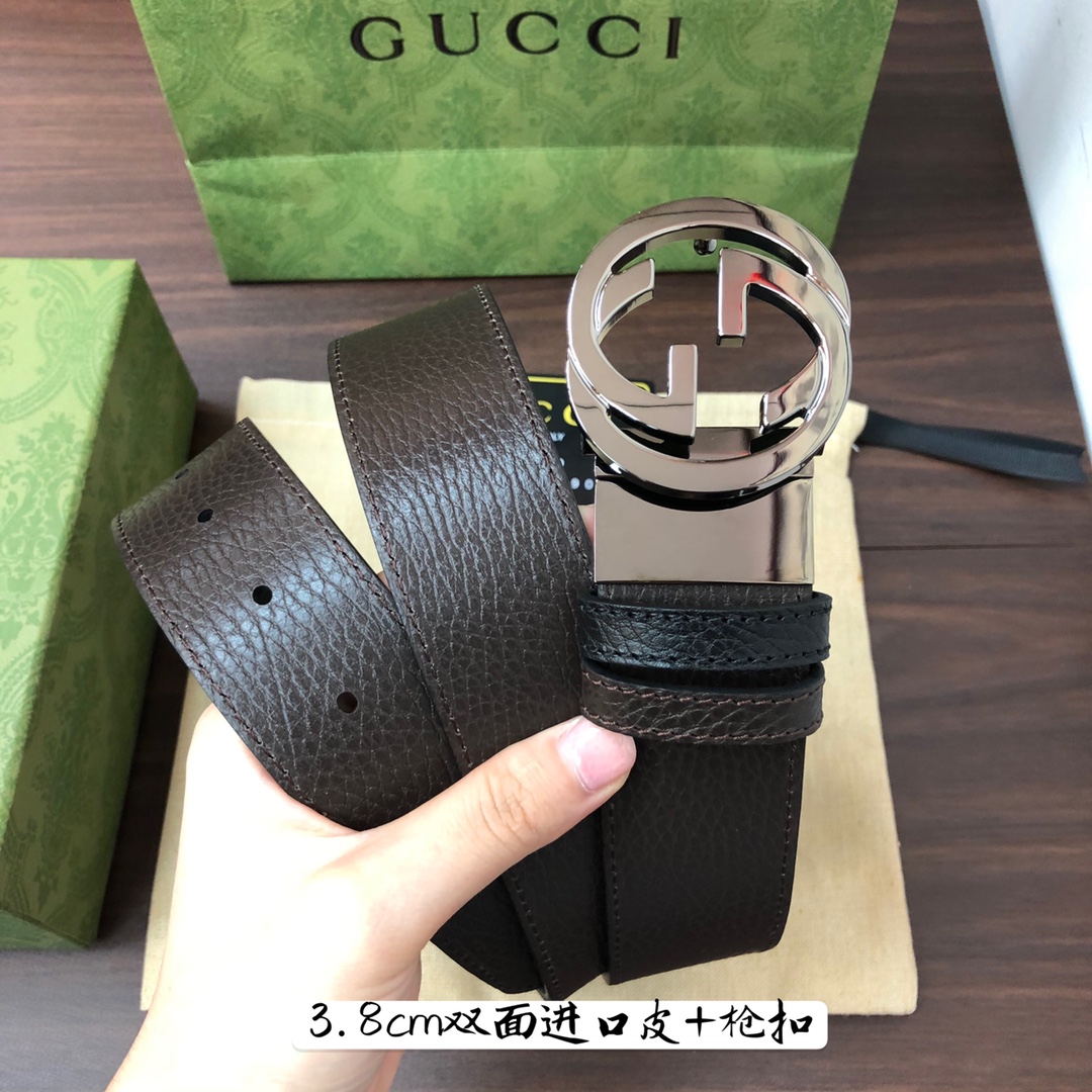 Gucci古奇官网经典正品规格3.8cm原版品质头层小牛皮压花进口头层底双G抛光旋转亮面扣