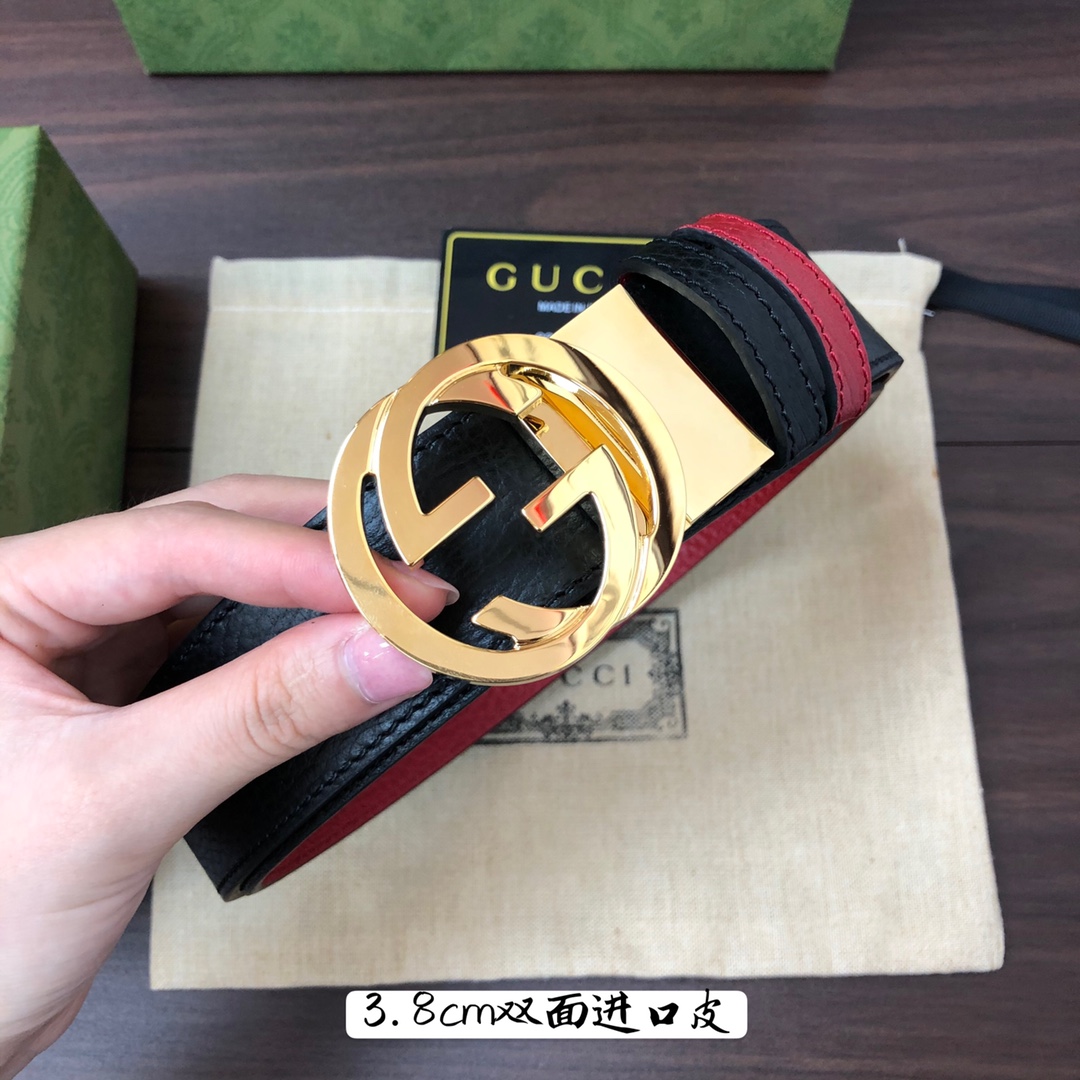 Gucci古奇官网经典正品规格3.8cm原版品质头层小牛皮压花进口头层底双G抛光旋转亮面扣