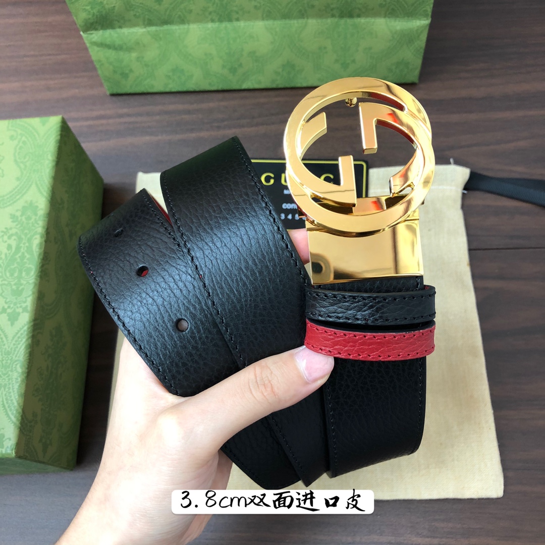 Gucci古奇官网经典正品规格3.8cm原版品质头层小牛皮压花进口头层底双G抛光旋转亮面扣