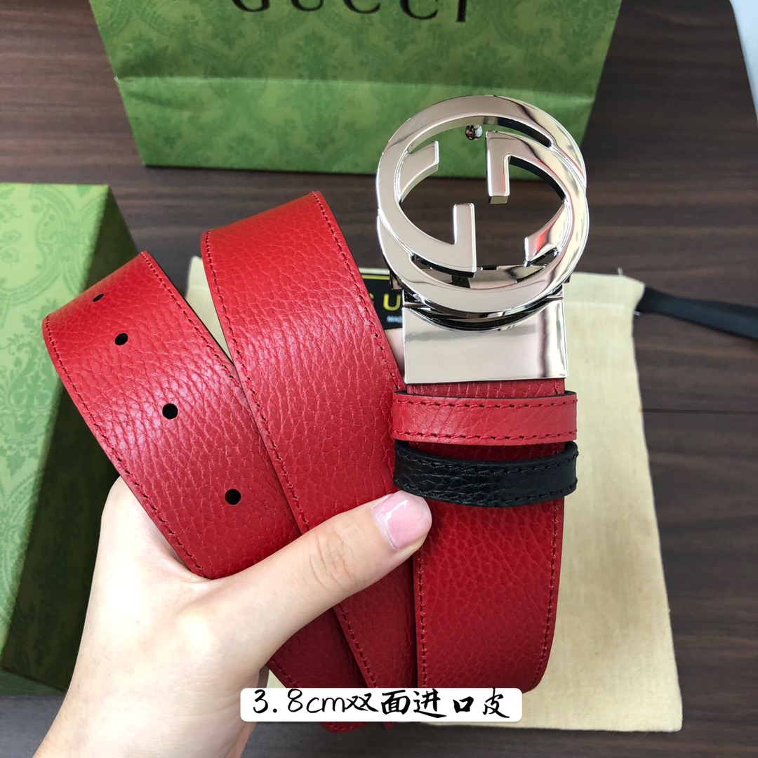 Gucci古奇官网经典正品规格3.8cm原版品质头层小牛皮压花进口头层底双G抛光旋转亮面扣