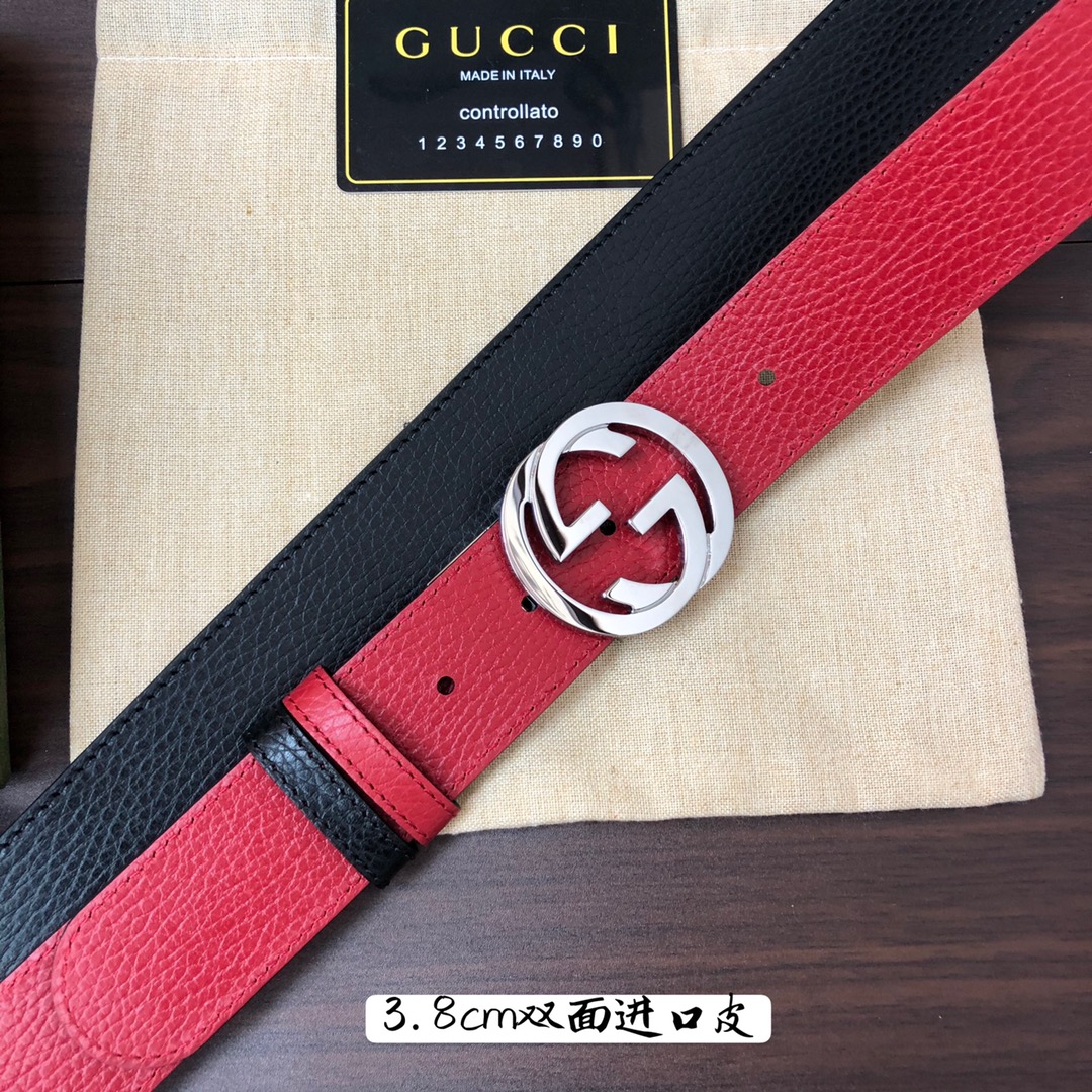 Gucci古奇官网经典正品规格3.8cm原版品质头层小牛皮压花进口头层底双G抛光旋转亮面扣