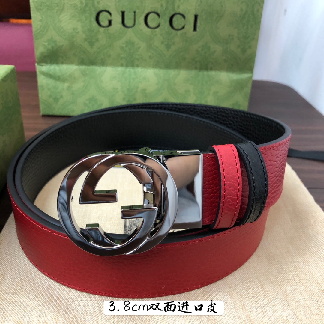 Gucci古奇官网经典正品规格3.8cm原版品质头层小牛皮压花进口头层底双G抛光旋转亮面扣