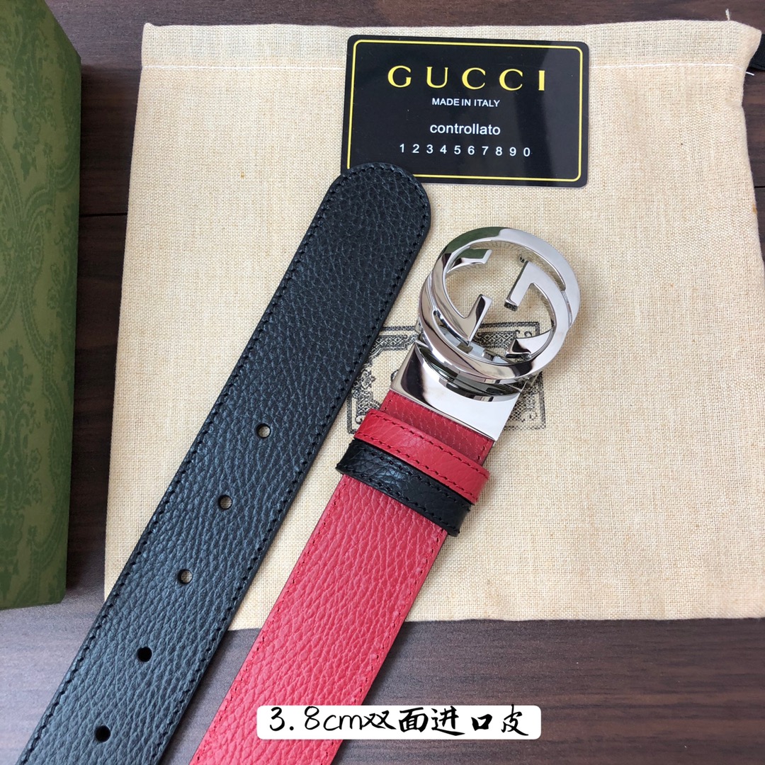 Gucci古奇官网经典正品规格3.8cm原版品质头层小牛皮压花进口头层底双G抛光旋转亮面扣