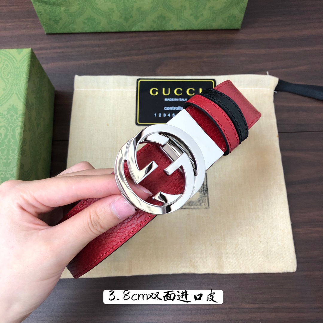 Gucci古奇官网经典正品规格3.8cm原版品质头层小牛皮压花进口头层底双G抛光旋转亮面扣