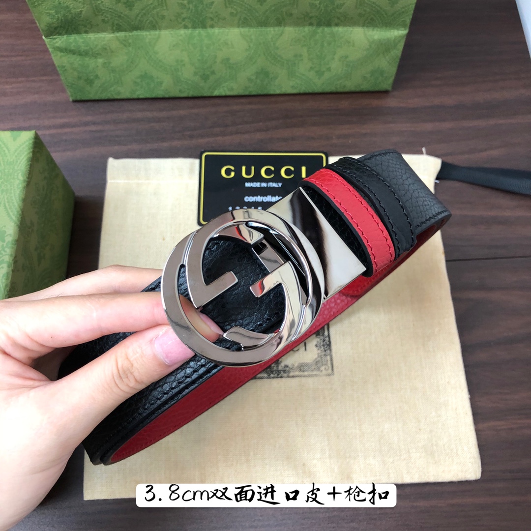 Gucci古奇官网经典正品规格3.8cm原版品质头层小牛皮压花进口头层底双G抛光旋转亮面扣