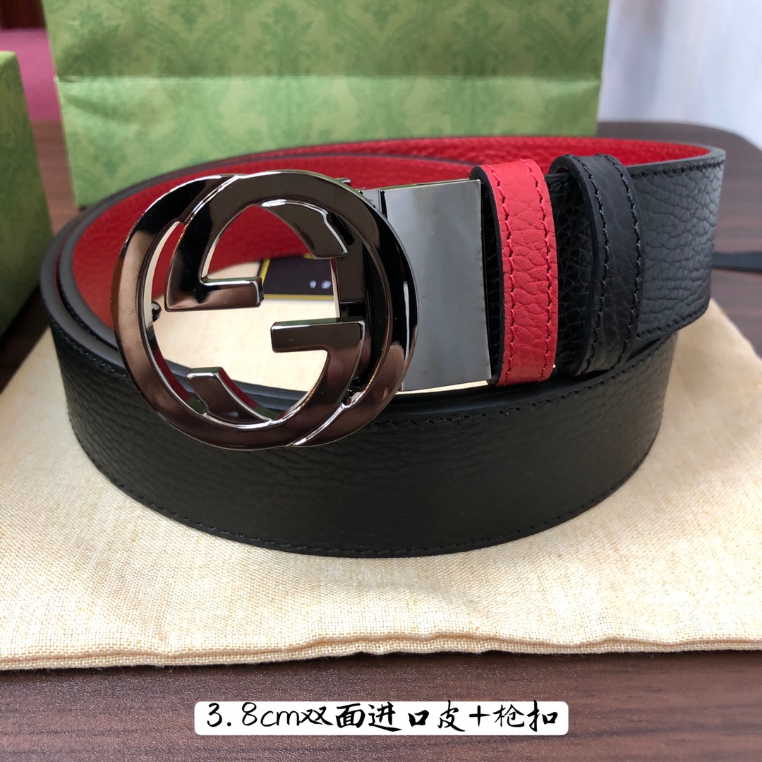 Gucci古奇官网经典正品规格3.8cm原版品质头层小牛皮压花进口头层底双G抛光旋转亮面扣