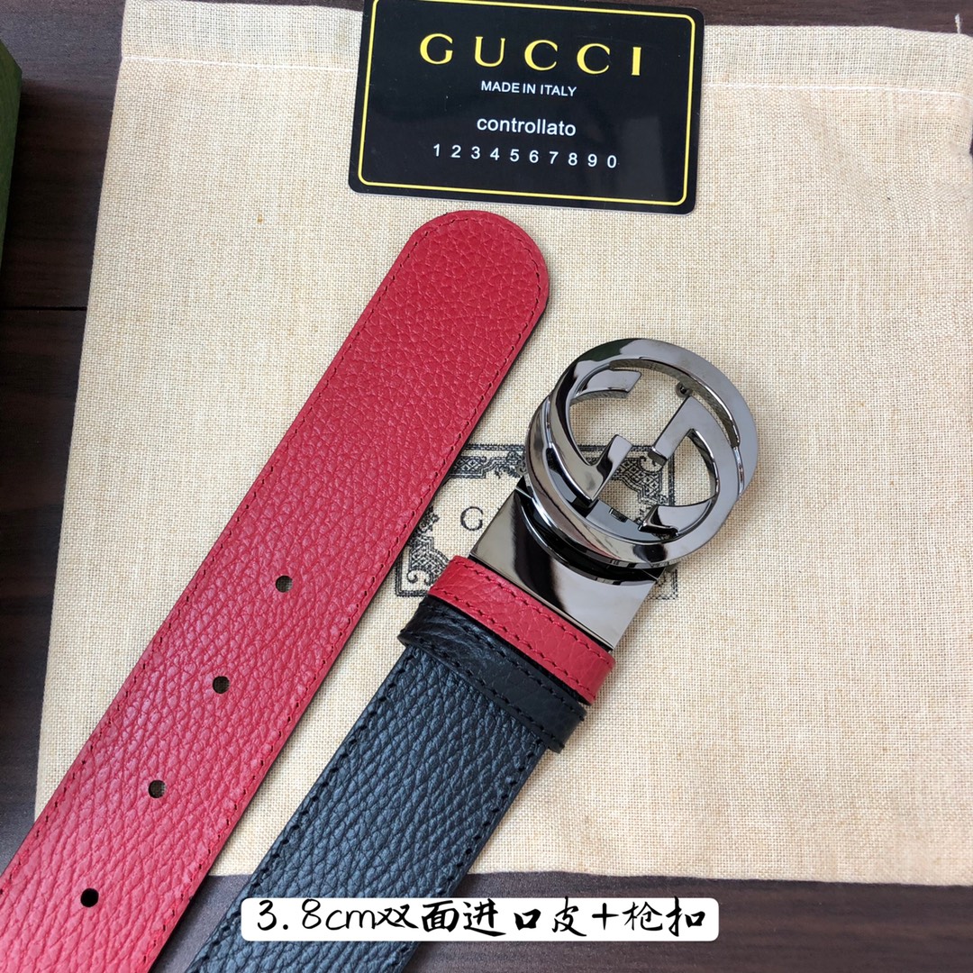 Gucci古奇官网经典正品规格3.8cm原版品质头层小牛皮压花进口头层底双G抛光旋转亮面扣