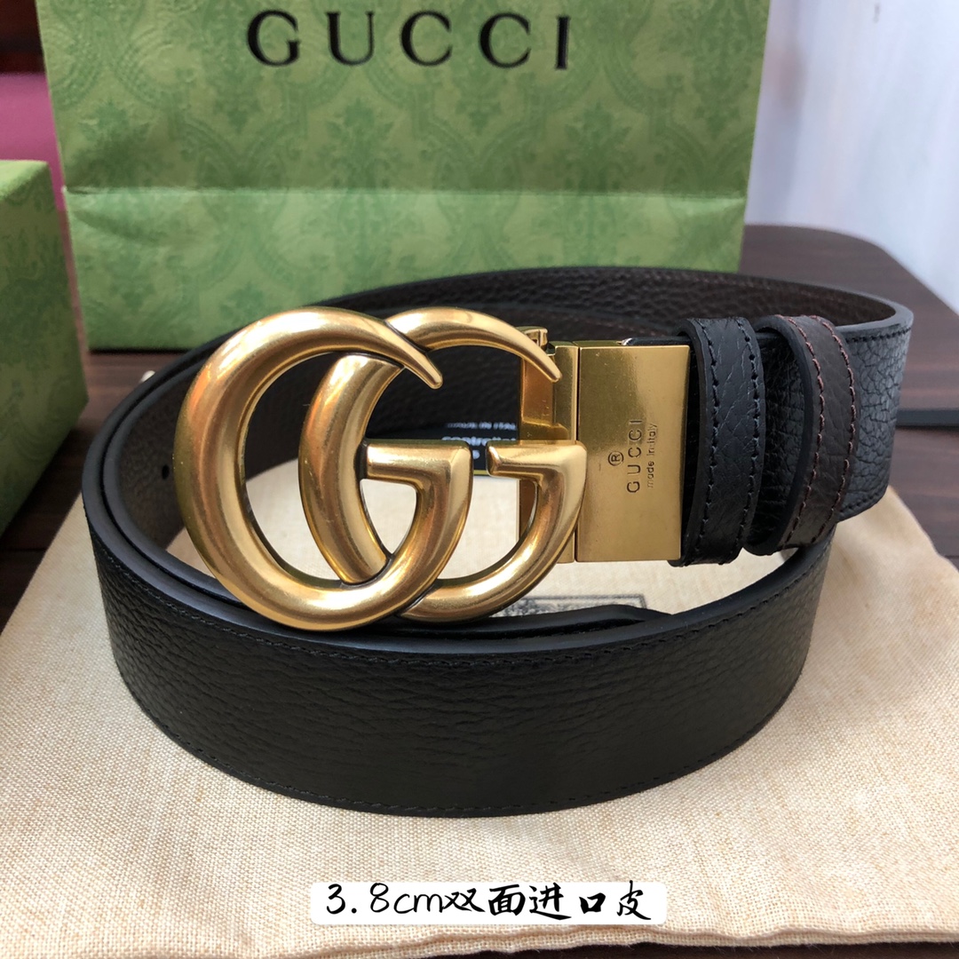 Gucci古奇官网经典正品规格3.8cm原版品质进口头层双面荔枝纹牛皮双G抛光旋转亮面扣