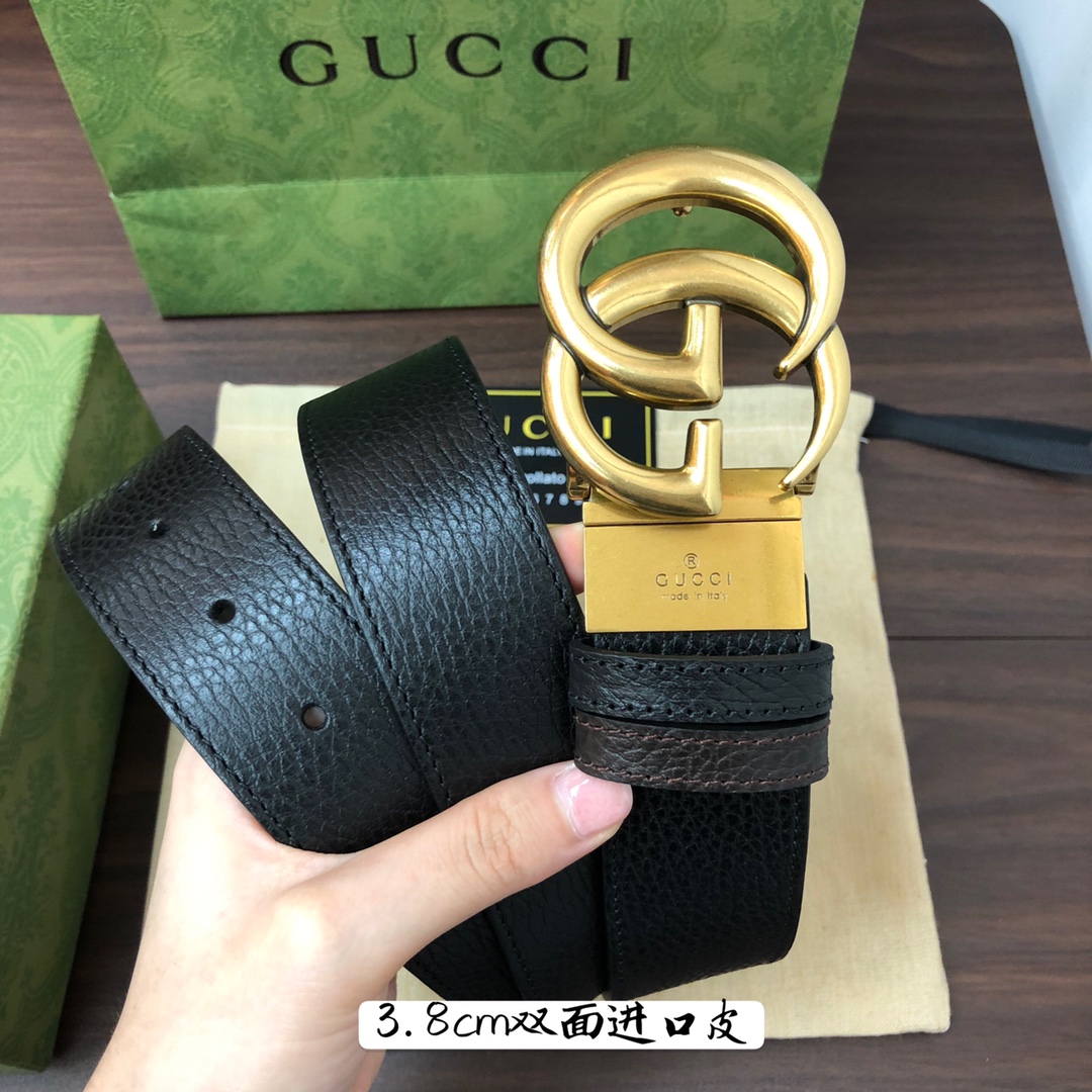 Gucci古奇官网经典正品规格3.8cm原版品质进口头层双面荔枝纹牛皮双G抛光旋转亮面扣