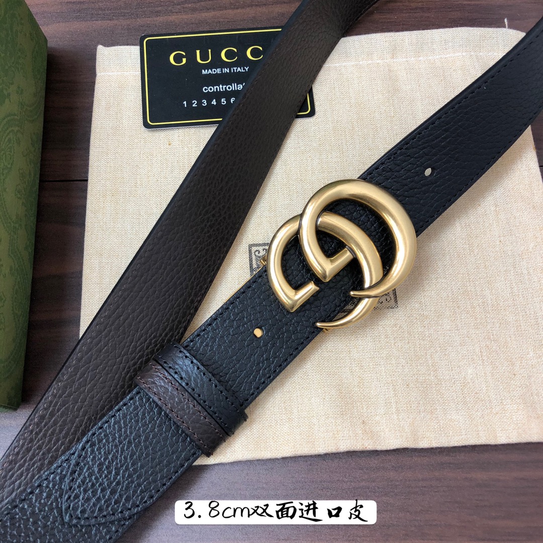 Gucci古奇官网经典正品规格3.8cm原版品质进口头层双面荔枝纹牛皮双G抛光旋转亮面扣