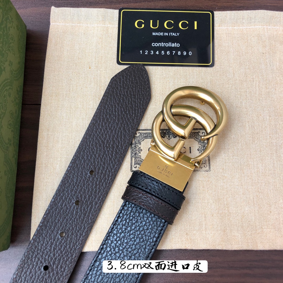 Gucci古奇官网经典正品规格3.8cm原版品质进口头层双面荔枝纹牛皮双G抛光旋转亮面扣