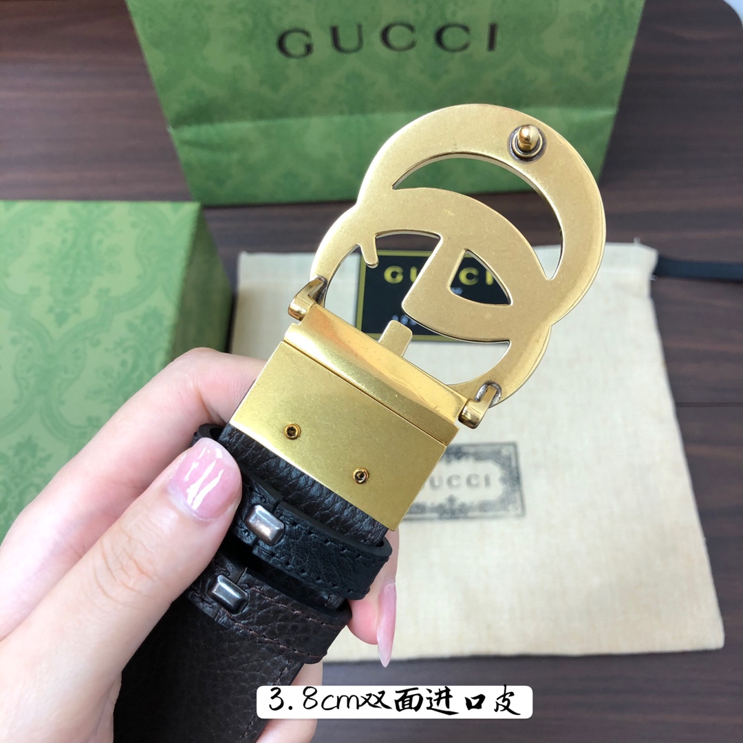 Gucci古奇官网经典正品规格3.8cm原版品质进口头层双面荔枝纹牛皮双G抛光旋转亮面扣