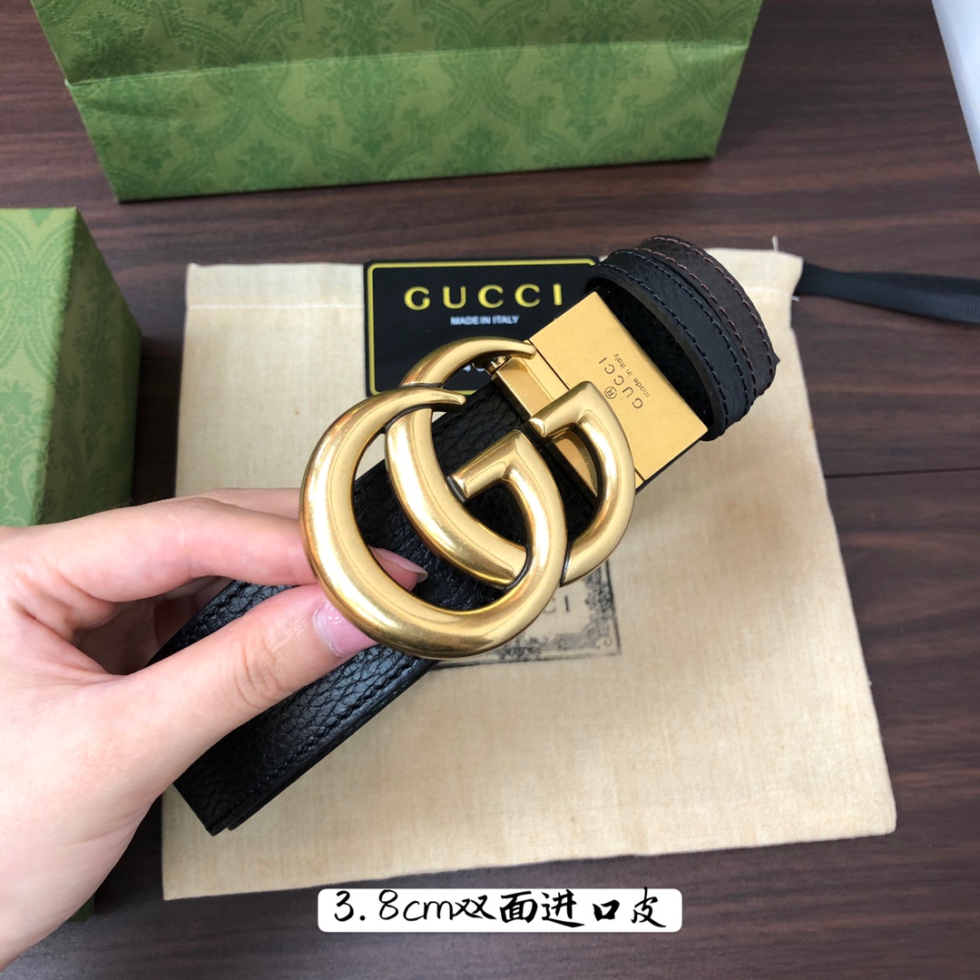 Gucci古奇官网经典正品规格3.8cm原版品质进口头层双面荔枝纹牛皮双G抛光旋转亮面扣