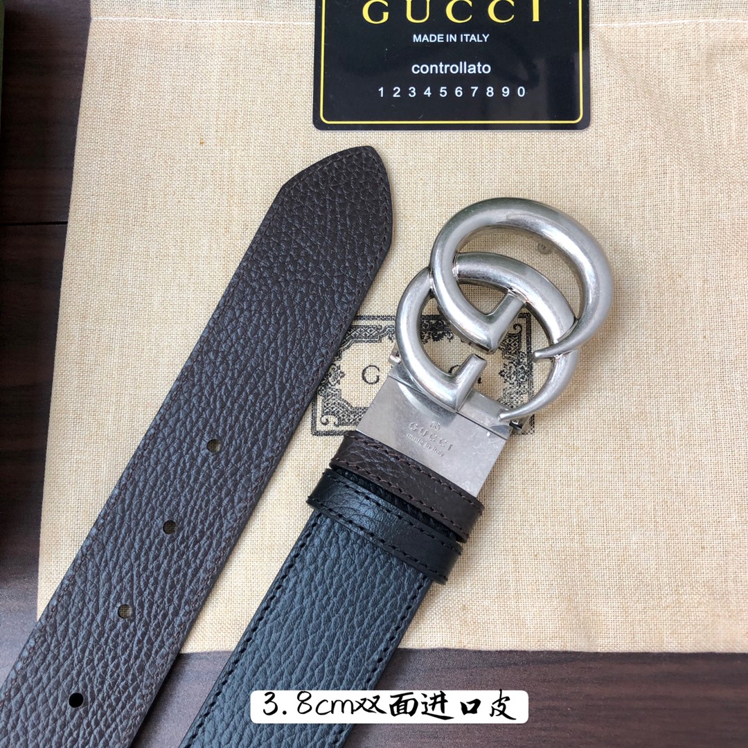 Gucci古奇官网经典正品规格3.8cm原版品质进口头层双面荔枝纹牛皮双G抛光旋转亮面扣