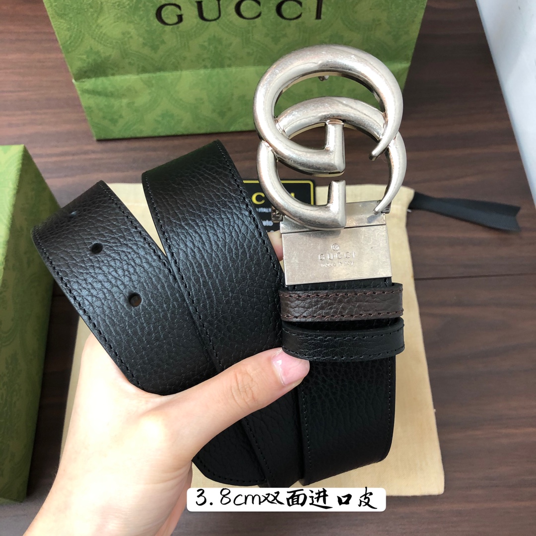 Gucci古奇官网经典正品规格3.8cm原版品质进口头层双面荔枝纹牛皮双G抛光旋转亮面扣