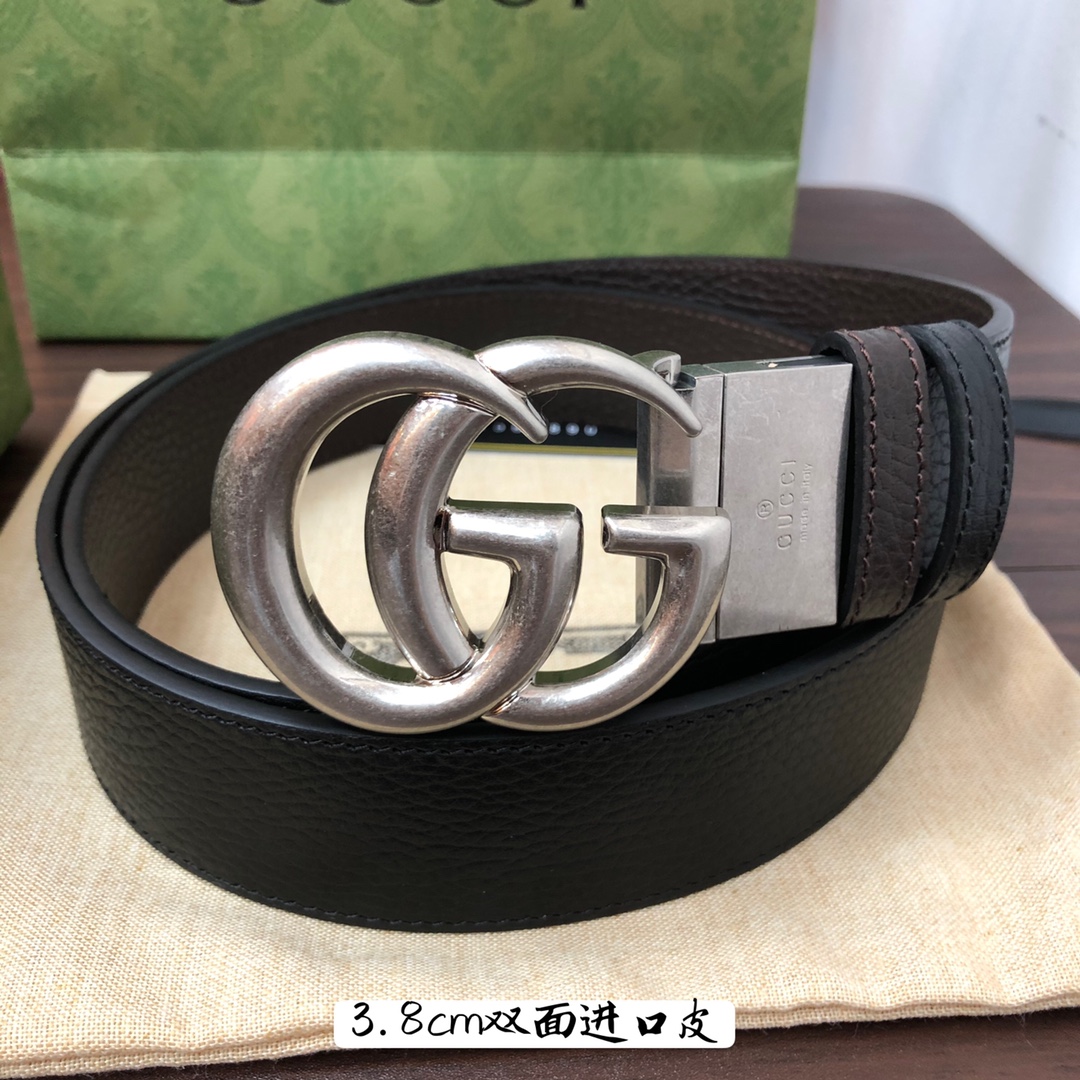 Gucci古奇官网经典正品规格3.8cm原版品质进口头层双面荔枝纹牛皮双G抛光旋转亮面扣