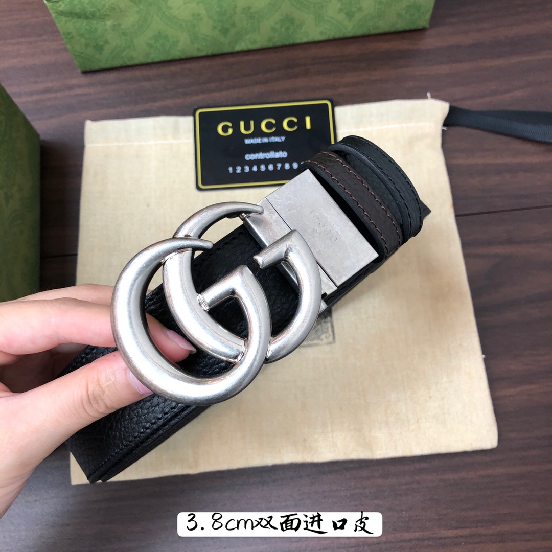 Gucci古奇官网经典正品规格3.8cm原版品质进口头层双面荔枝纹牛皮双G抛光旋转亮面扣