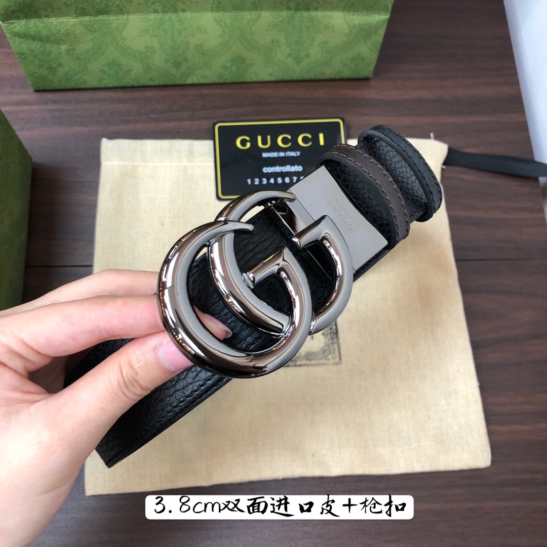 Gucci古奇官网经典正品规格3.8cm原版品质进口头层双面荔枝纹牛皮双G抛光旋转亮面扣