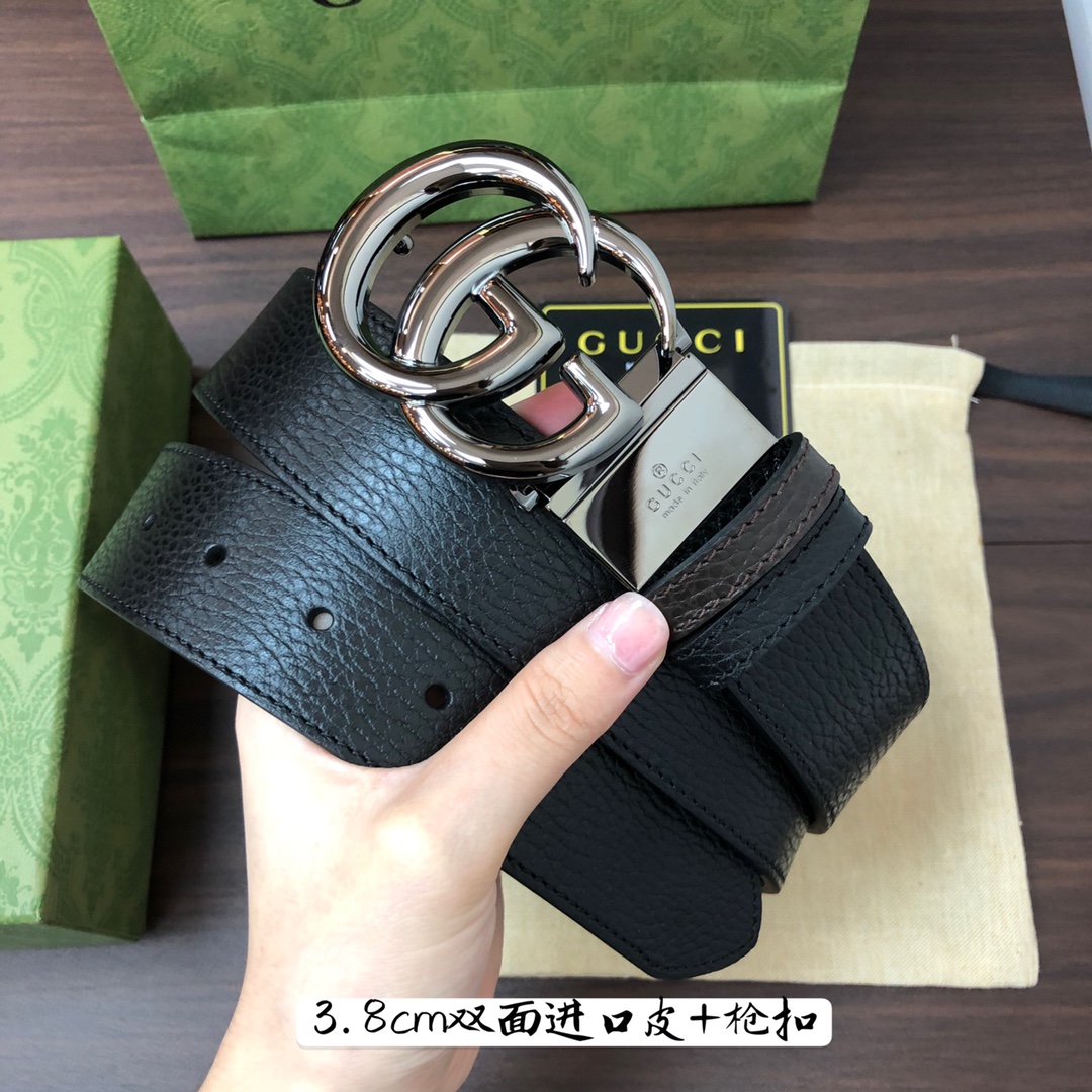 Gucci古奇官网经典正品规格3.8cm原版品质进口头层双面荔枝纹牛皮双G抛光旋转亮面扣