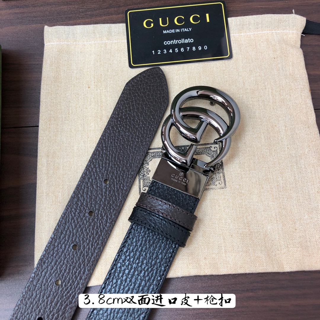 Gucci古奇官网经典正品规格3.8cm原版品质进口头层双面荔枝纹牛皮双G抛光旋转亮面扣