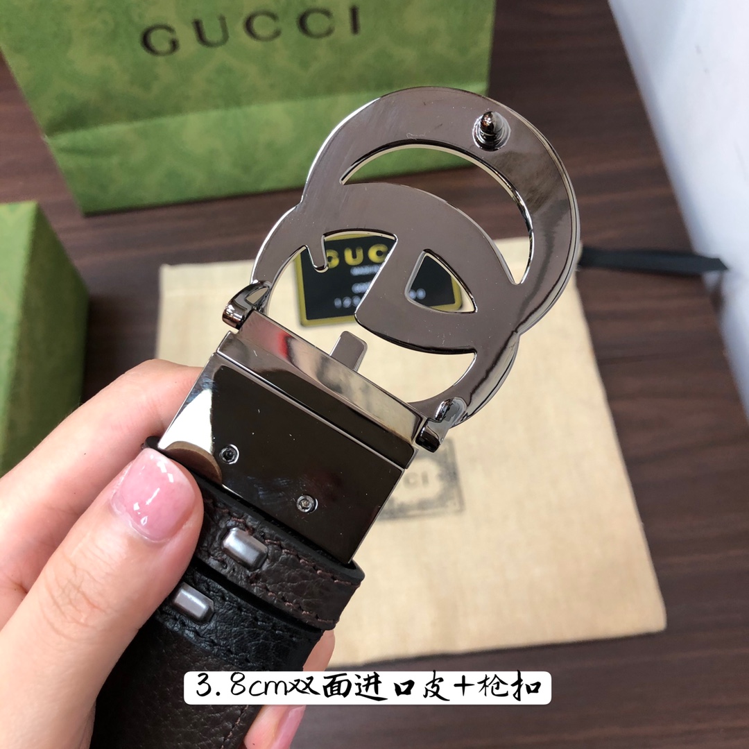 Gucci古奇官网经典正品规格3.8cm原版品质进口头层双面荔枝纹牛皮双G抛光旋转亮面扣