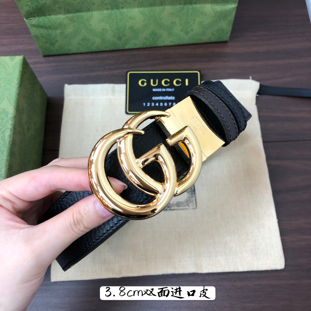 Gucci古奇官网经典正品规格3.8cm原版品质进口头层双面荔枝纹牛皮双G抛光旋转亮面扣