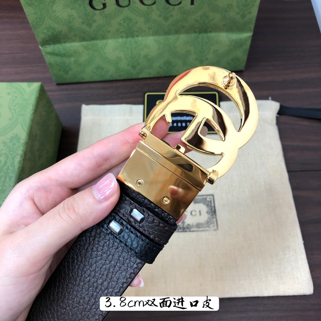 Gucci古奇官网经典正品规格3.8cm原版品质进口头层双面荔枝纹牛皮双G抛光旋转亮面扣