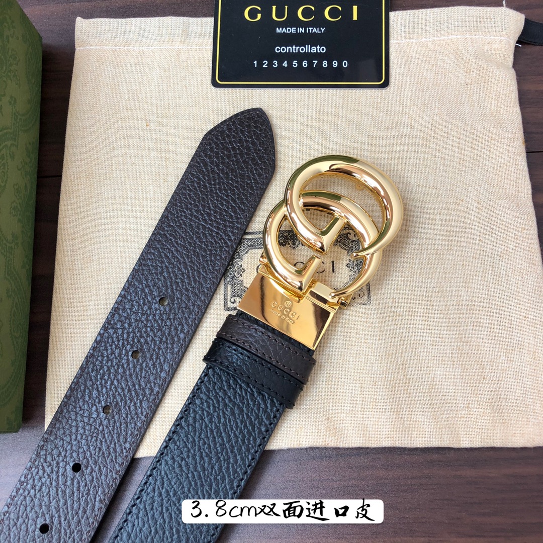 Gucci古奇官网经典正品规格3.8cm原版品质进口头层双面荔枝纹牛皮双G抛光旋转亮面扣